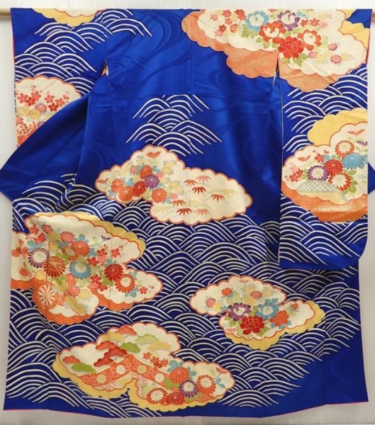 Photo1: 6724T12z1060 Vintage Japanese Kimono Silk FURISODE Chrysanthemum Royal blue (1)