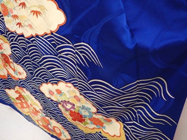 Photo4: 6724T12z1060 Vintage Japanese Kimono Silk FURISODE Chrysanthemum Royal blue (4)