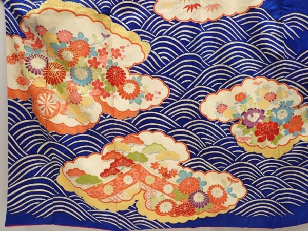 Photo5: 6724T12z1060 Vintage Japanese Kimono Silk FURISODE Chrysanthemum Royal blue (5)