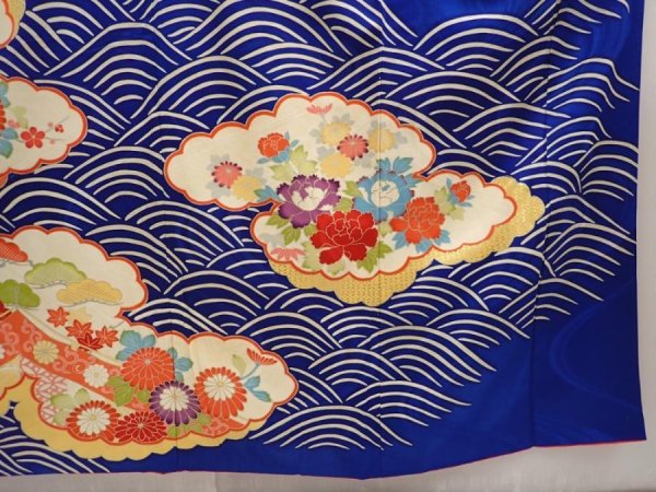 Photo7: 6724T12z1060 Vintage Japanese Kimono Silk FURISODE Chrysanthemum Royal blue (7)