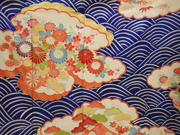 Photo8: 6724T12z1060 Vintage Japanese Kimono Silk FURISODE Chrysanthemum Royal blue (8)