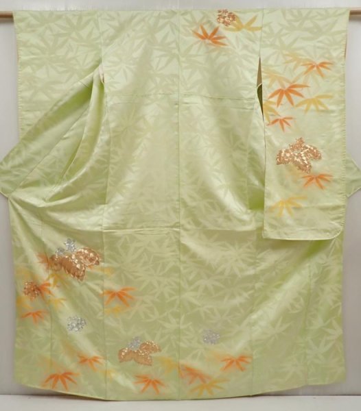 Photo1: 6724T13z930 Vintage Japanese Kimono Silk FURISODE Paulownia Light green (1)