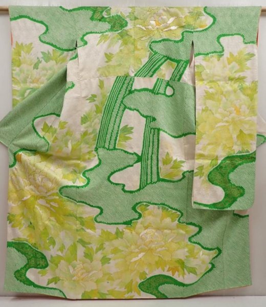 Photo1: 6724T14z1140 Vintage Japanese Kimono Silk FURISODE Peony Off-white (1)