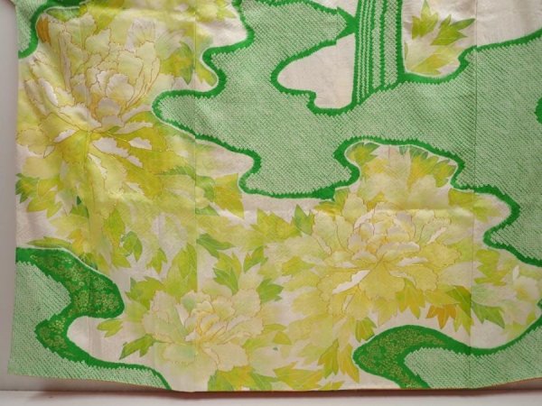 Photo5: 6724T14z1140 Vintage Japanese Kimono Silk FURISODE Peony Off-white (5)