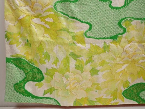 Photo6: 6724T14z1140 Vintage Japanese Kimono Silk FURISODE Peony Off-white (6)