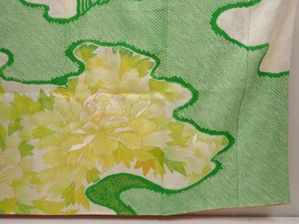 Photo7: 6724T14z1140 Vintage Japanese Kimono Silk FURISODE Peony Off-white (7)