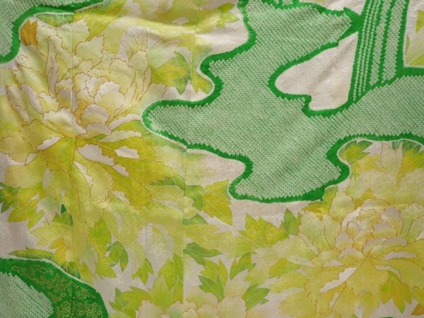 Photo8: 6724T14z1140 Vintage Japanese Kimono Silk FURISODE Peony Off-white (8)