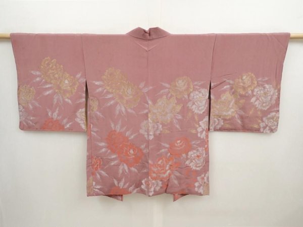 Photo1: 6817T01z650 Vintage Japanese Kimono Silk HAORI Peony Rosy brown (1)