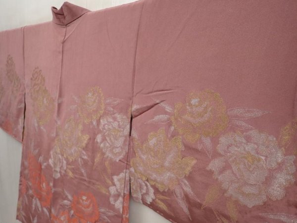 Photo2: 6817T01z650 Vintage Japanese Kimono Silk HAORI Peony Rosy brown (2)