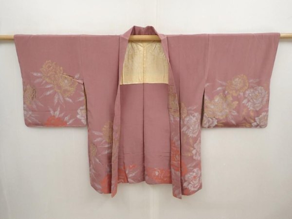 Photo6: 6817T01z650 Vintage Japanese Kimono Silk HAORI Peony Rosy brown (6)