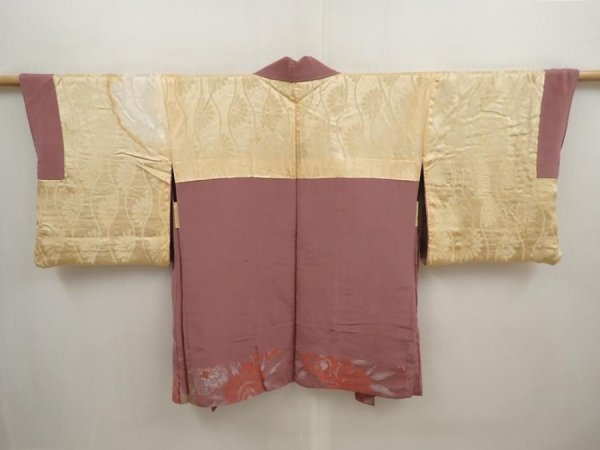 Photo7: 6817T01z650 Vintage Japanese Kimono Silk HAORI Peony Rosy brown (7)