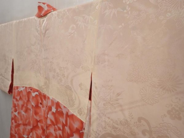 Photo7: 6817T03z520 Vintage Japanese Kimono Silk HAORI Flower Dark coral (7)