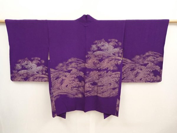 Photo1: 6817T06z500 Vintage Japanese Kimono Silk HAORI Wave Dark purple (1)
