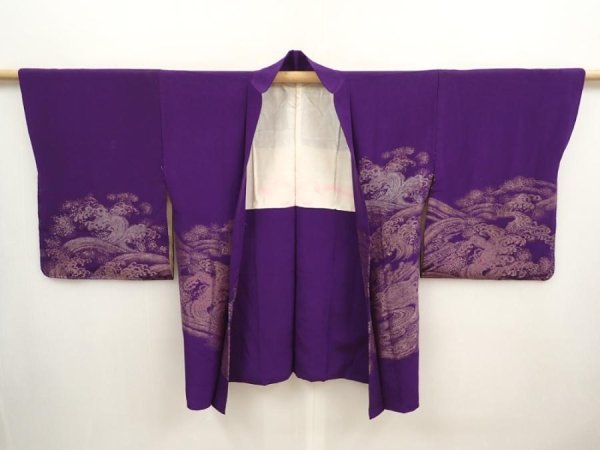 Photo5: 6817T06z500 Vintage Japanese Kimono Silk HAORI Wave Dark purple (5)