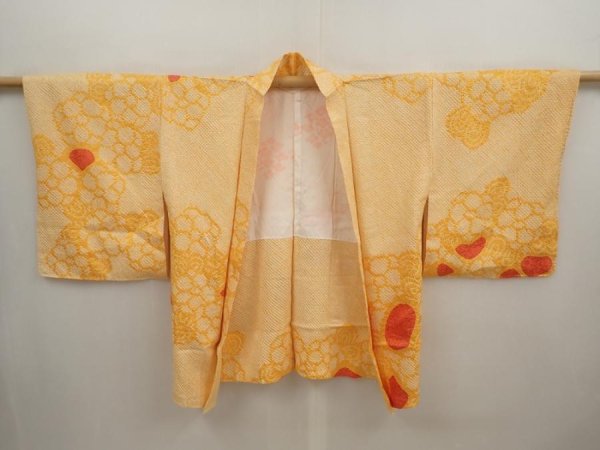 Photo5: 6817T07z450 Vintage Japanese Kimono Silk SHIBORI HAORI Flower Dark yellow (5)