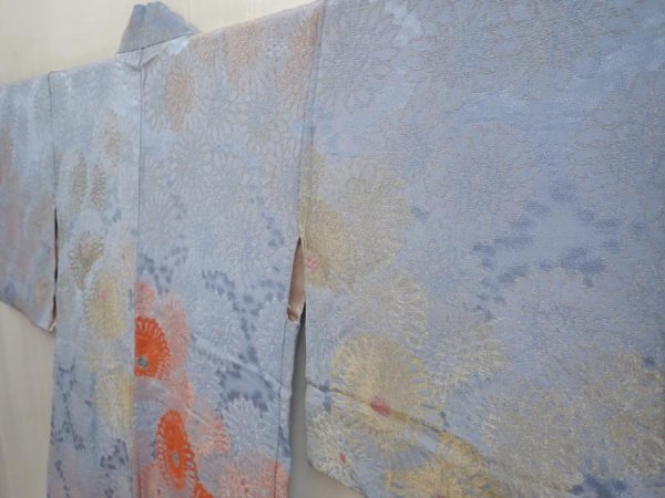 Photo2: 6817T08z640 Vintage Japanese Kimono Silk HAORI Chrysanthemum Light blue (2)