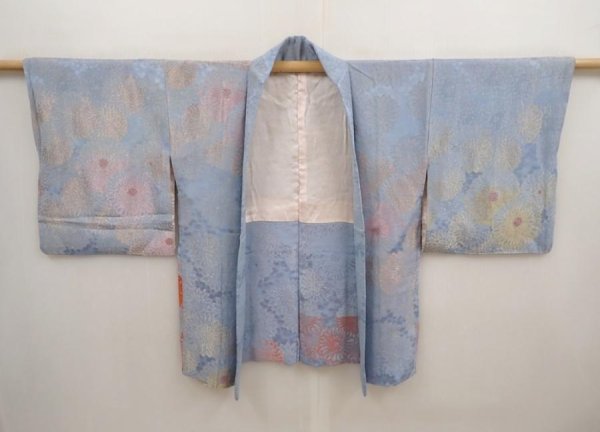 Photo5: 6817T08z640 Vintage Japanese Kimono Silk HAORI Chrysanthemum Light blue (5)
