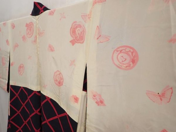 Photo7: 6817T11z580 Vintage Japanese Kimono Silk HAORI  Black (7)
