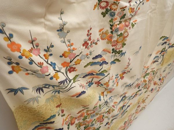 Photo3: 6817T14z780 Vintage Japanese Kimono Silk TSUKESAGE Chrysanthemum Off-white (3)