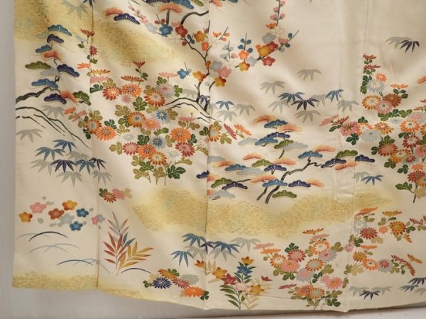 Photo6: 6817T14z780 Vintage Japanese Kimono Silk TSUKESAGE Chrysanthemum Off-white (6)