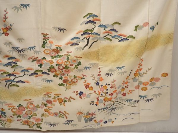 Photo7: 6817T14z780 Vintage Japanese Kimono Silk TSUKESAGE Chrysanthemum Off-white (7)