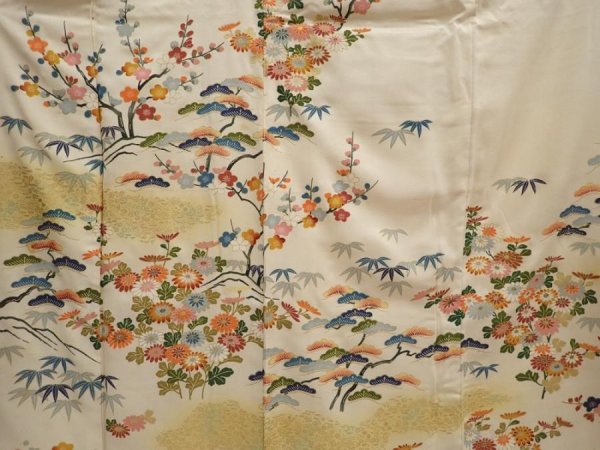 Photo8: 6817T14z780 Vintage Japanese Kimono Silk TSUKESAGE Chrysanthemum Off-white (8)