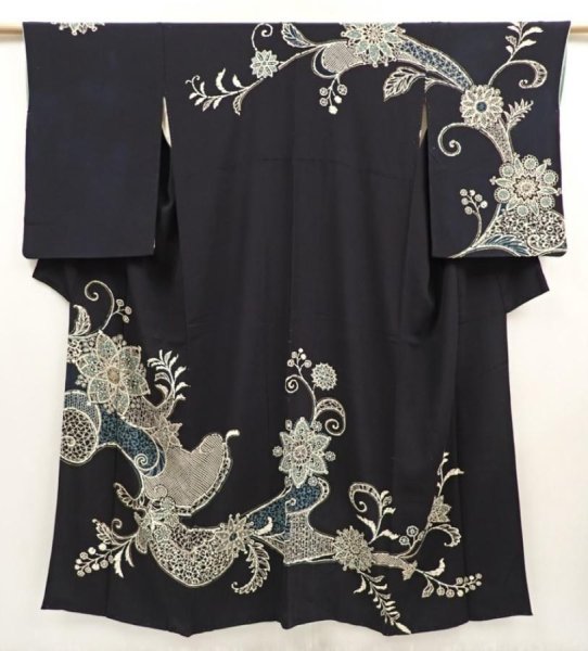 Photo1: 6817T15z720 Vintage Japanese Kimono Silk TSUKESAGE Flower Black (1)