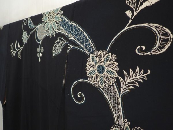 Photo2: 6817T15z720 Vintage Japanese Kimono Silk TSUKESAGE Flower Black (2)