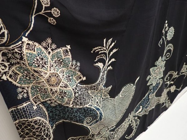 Photo3: 6817T15z720 Vintage Japanese Kimono Silk TSUKESAGE Flower Black (3)