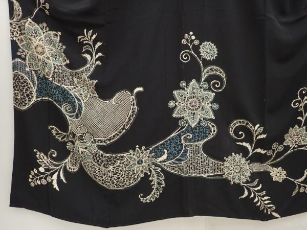 Photo5: 6817T15z720 Vintage Japanese Kimono Silk TSUKESAGE Flower Black (5)