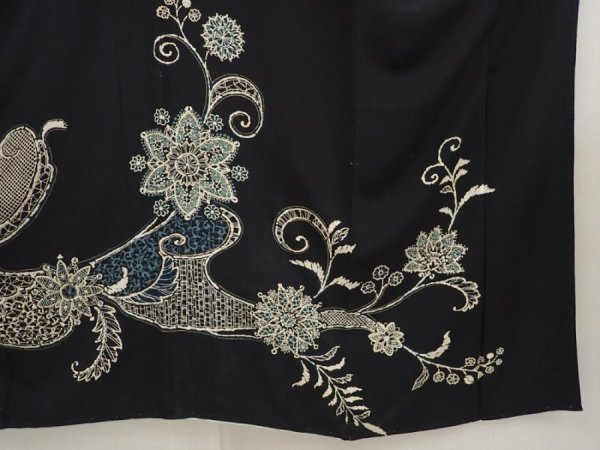 Photo7: 6817T15z720 Vintage Japanese Kimono Silk TSUKESAGE Flower Black (7)