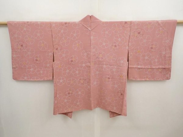 Photo1: 6826T02z550 Vintage Japanese Kimono Silk HAORI Flower Rosy brown (1)