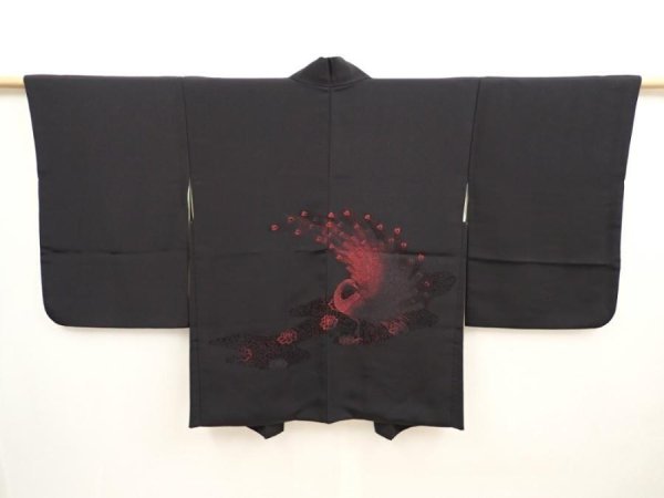 Photo1: 6826T03z560 Vintage Japanese Kimono Silk HAORI Peacock Black (1)