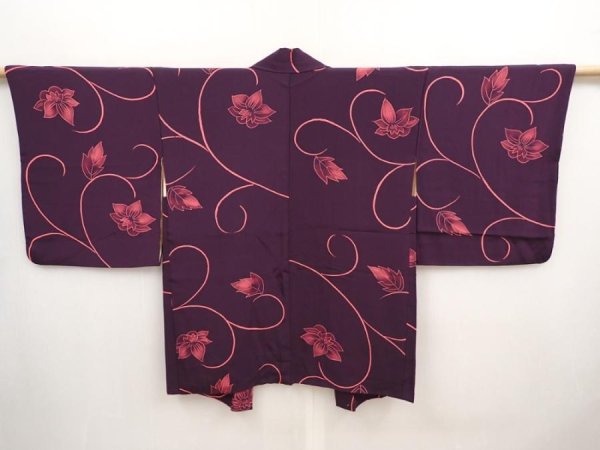 Photo1: 6826T06z550 Vintage Japanese Kimono Silk HAORI Flower Dark purple (1)