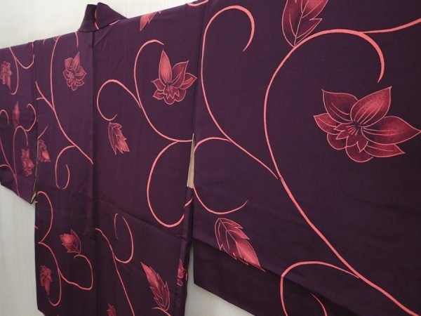 Photo2: 6826T06z550 Vintage Japanese Kimono Silk HAORI Flower Dark purple (2)