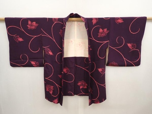 Photo5: 6826T06z550 Vintage Japanese Kimono Silk HAORI Flower Dark purple (5)