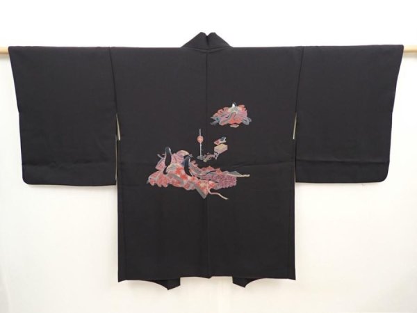 Photo1: 6826T07z570 Vintage Japanese Kimono Silk HAORI Princess Black (1)