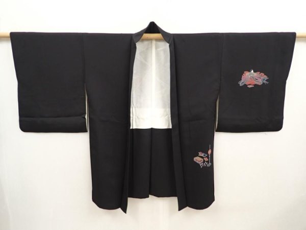 Photo5: 6826T07z570 Vintage Japanese Kimono Silk HAORI Princess Black (5)