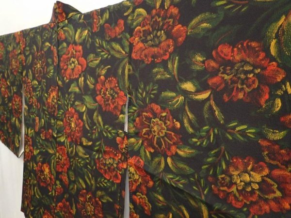 Photo2: 6826T08z580 Vintage Japanese Kimono Silk HAORI Flower Black (2)