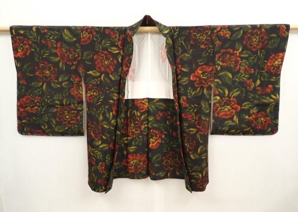 Photo5: 6826T08z580 Vintage Japanese Kimono Silk HAORI Flower Black (5)