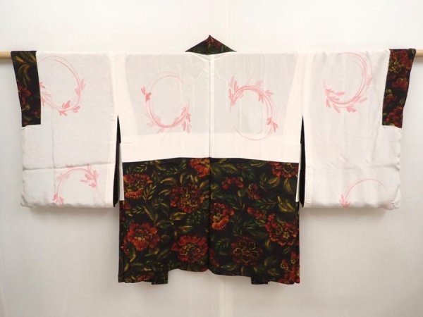 Photo6: 6826T08z580 Vintage Japanese Kimono Silk HAORI Flower Black (6)