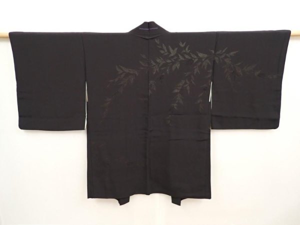 Photo1: 6826T09z500 Vintage Japanese Kimono Silk HAORI Leaf Black (1)
