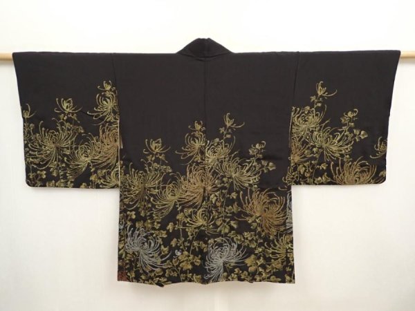 Photo1: 6826T10z610 Vintage Japanese Kimono Silk HAORI Chrysanthemum Black (1)