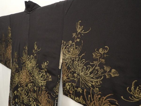 Photo2: 6826T10z610 Vintage Japanese Kimono Silk HAORI Chrysanthemum Black (2)