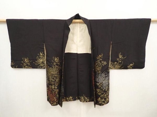 Photo5: 6826T10z610 Vintage Japanese Kimono Silk HAORI Chrysanthemum Black (5)