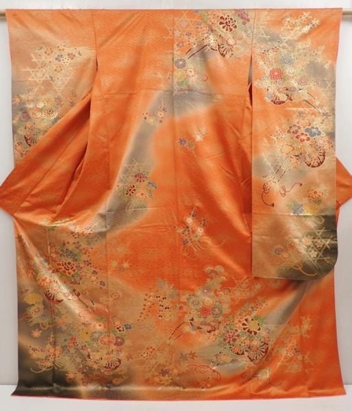 Photo1: 6826T11z1150 Vintage Japanese Kimono Silk FURISODE Flower cart Dark orange (1)