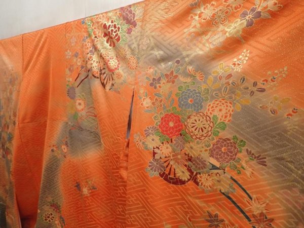Photo2: 6826T11z1150 Vintage Japanese Kimono Silk FURISODE Flower cart Dark orange (2)