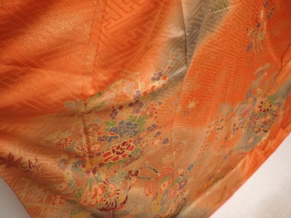 Photo3: 6826T11z1150 Vintage Japanese Kimono Silk FURISODE Flower cart Dark orange (3)