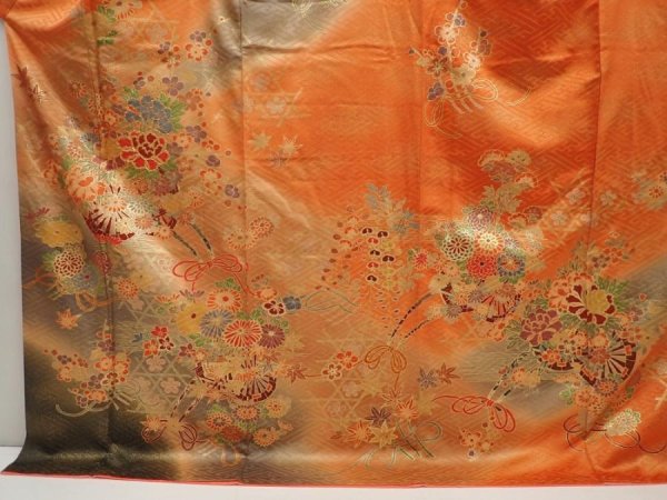 Photo5: 6826T11z1150 Vintage Japanese Kimono Silk FURISODE Flower cart Dark orange (5)