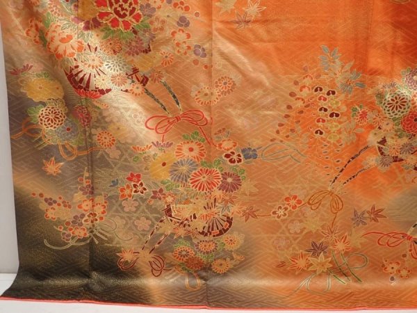 Photo6: 6826T11z1150 Vintage Japanese Kimono Silk FURISODE Flower cart Dark orange (6)